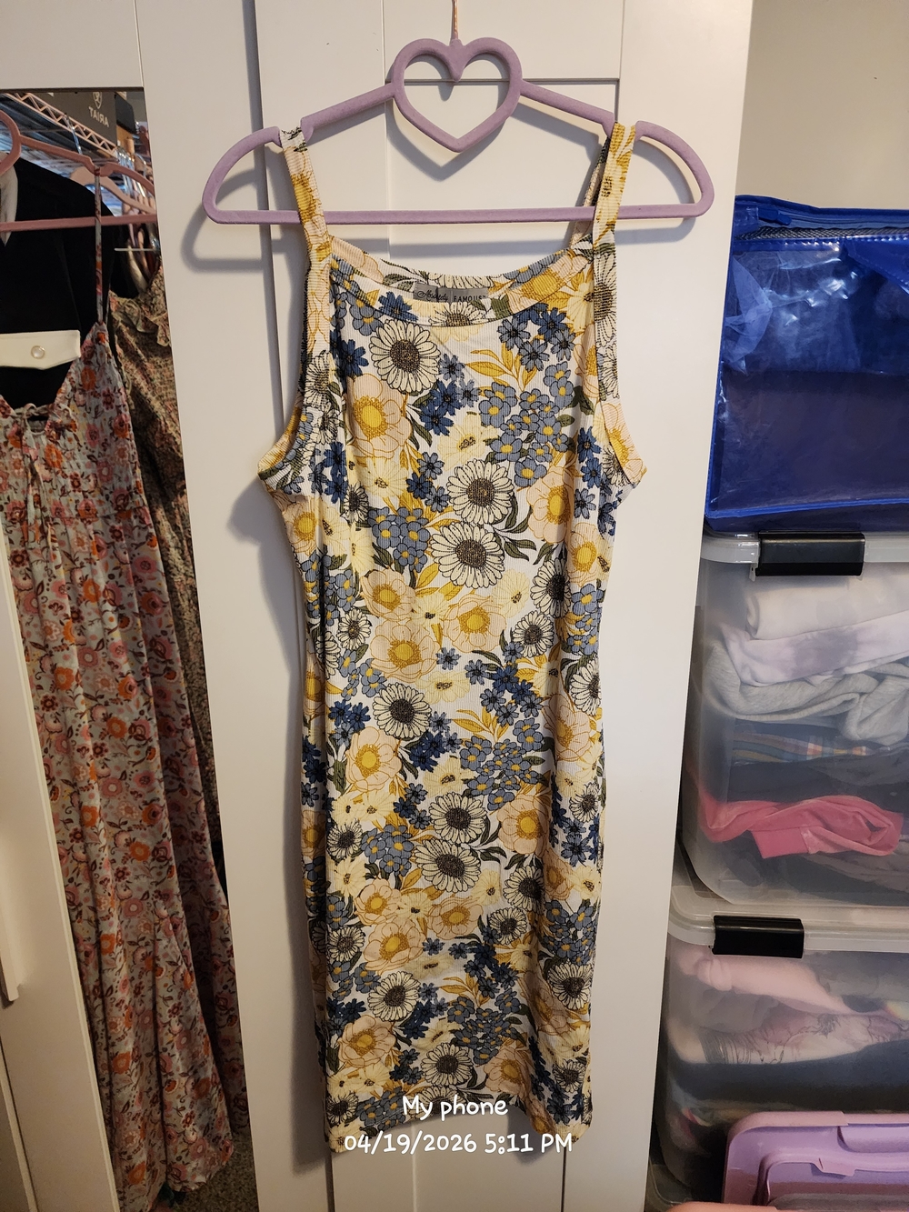 Absolutely Famous Yellow & Blue Floral Midi Ribbed Dress